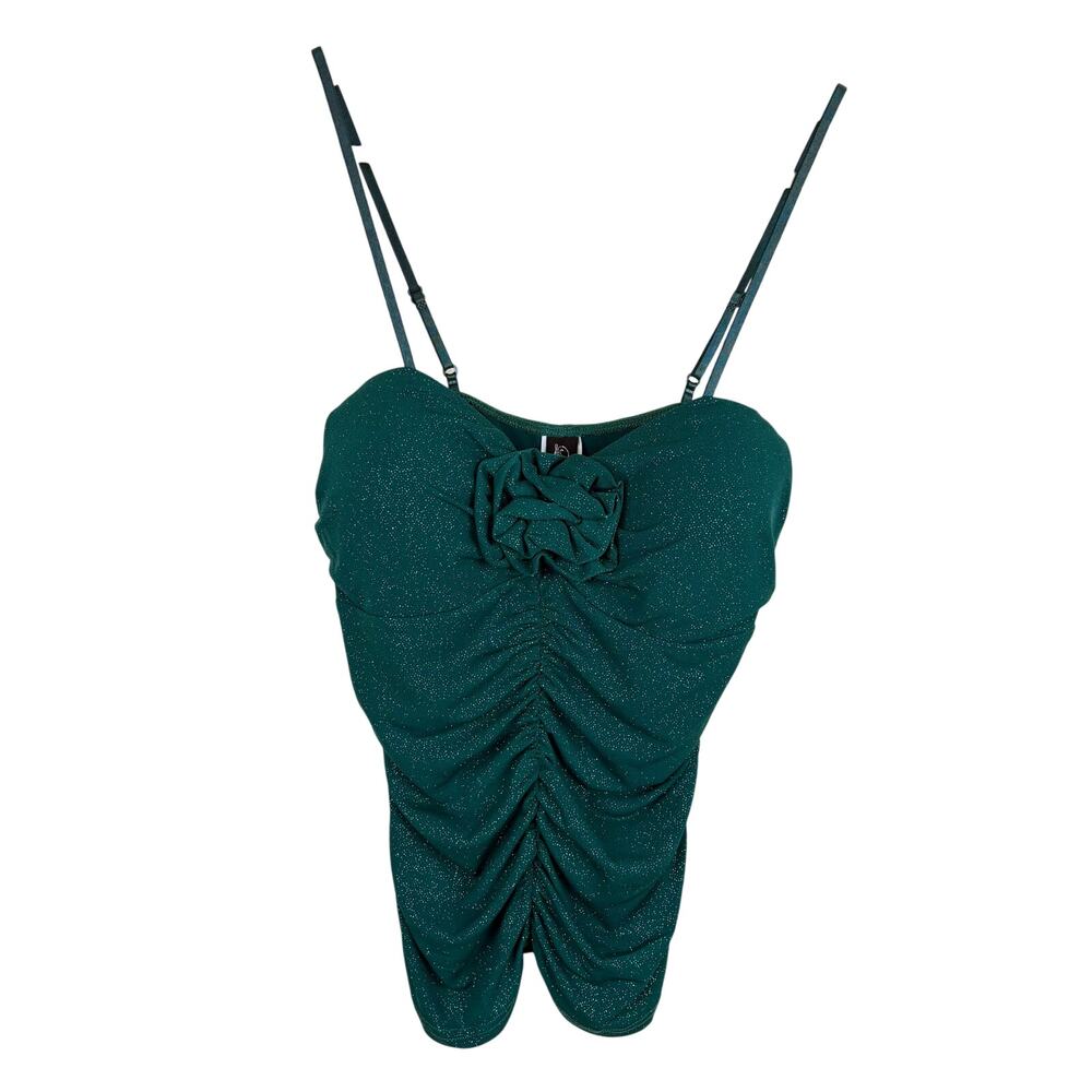 Vtg Y2K Leyva's Glittery Ruched Rosette Cami Top Green Womens Size M Fairycore